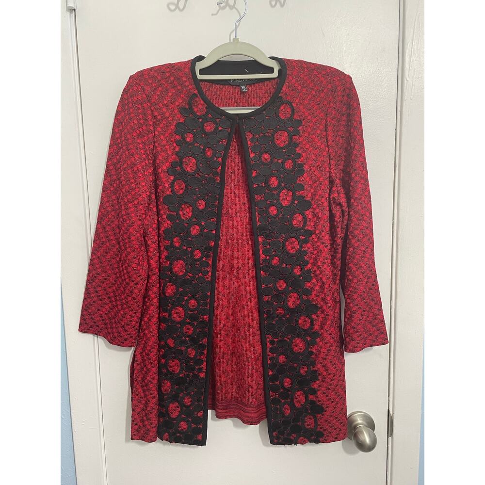 Ming Wang Marled Knit Cardigan Sweater XS Red Black Embroidered Valentines NWT